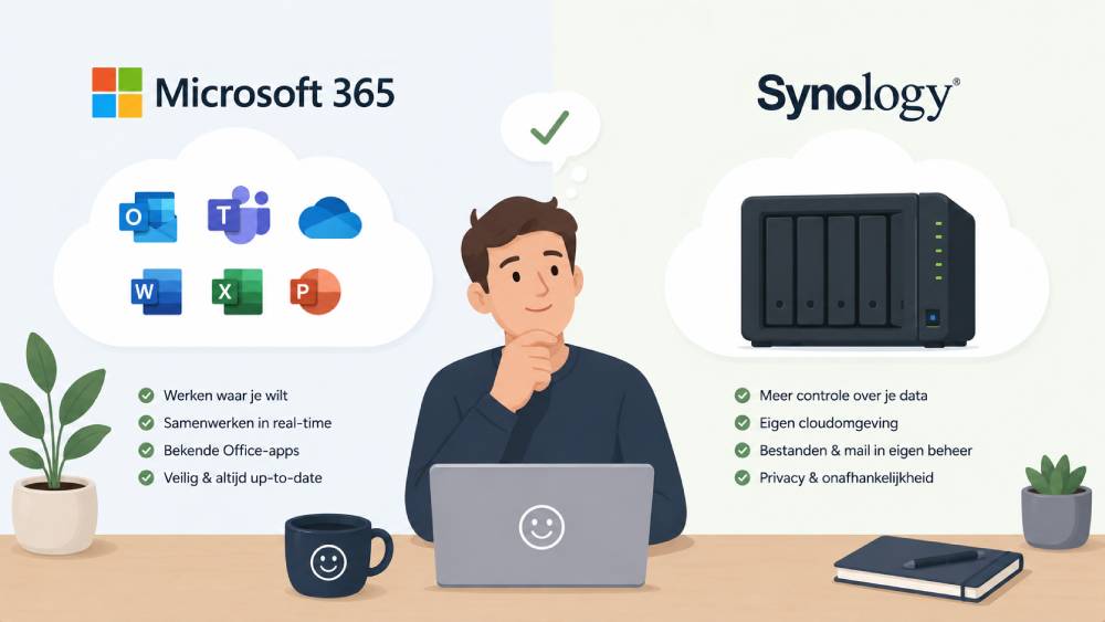 Rustige illustratie van een laptop met twee eenvoudige cloudsymbolen als verwijzing naar Microsoft 365 en Synology zonder logo's of tekst