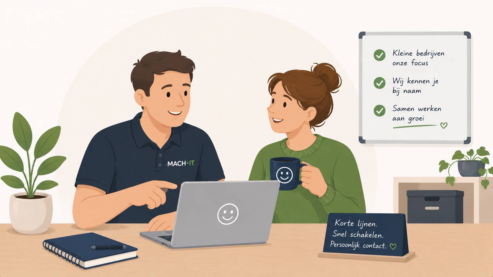 Rustige illustratie van een kleine kantoorwerkplek met een laptop, koffiemok en persoonlijke sfeer als symbool voor ICT voor kleine bedrijven