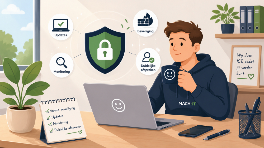 Rustige illustratie van een laptop met een subtiel beveiligingsschild als symbool voor cyber security voor kleine bedrijven