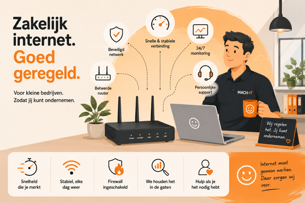 Rustige illustratie van een beheerde router met een subtiel wifi signaal op een nette kantoorplek